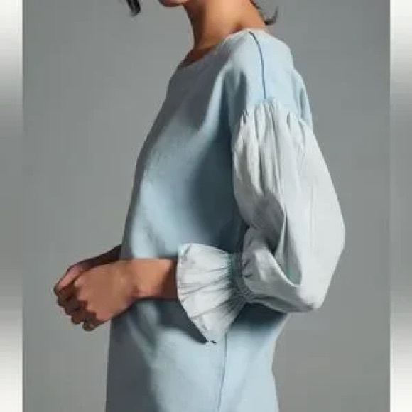Anthropologie Pilcro Puff Sleeve Mixed Media Top Ice Pale Blue Cotton Size Large - Picture 2 of 10
